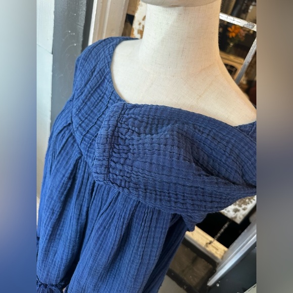 Free People Mystery Land Blue Smocked Neck Tiered Boho Tunic Dress Size M - Picture 5 of 7